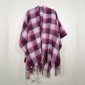 NWT Serra Poncho Wrap Pink Purple Plaid Fringe Detail Soft Warm NEW Women OS